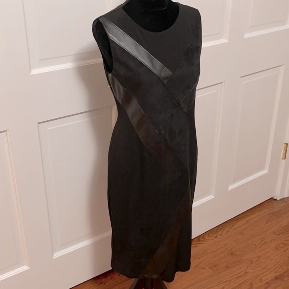 Calvin Klein Black Faux Leather Suede Lined Sheath Dress NWT - Picture 3 of 13